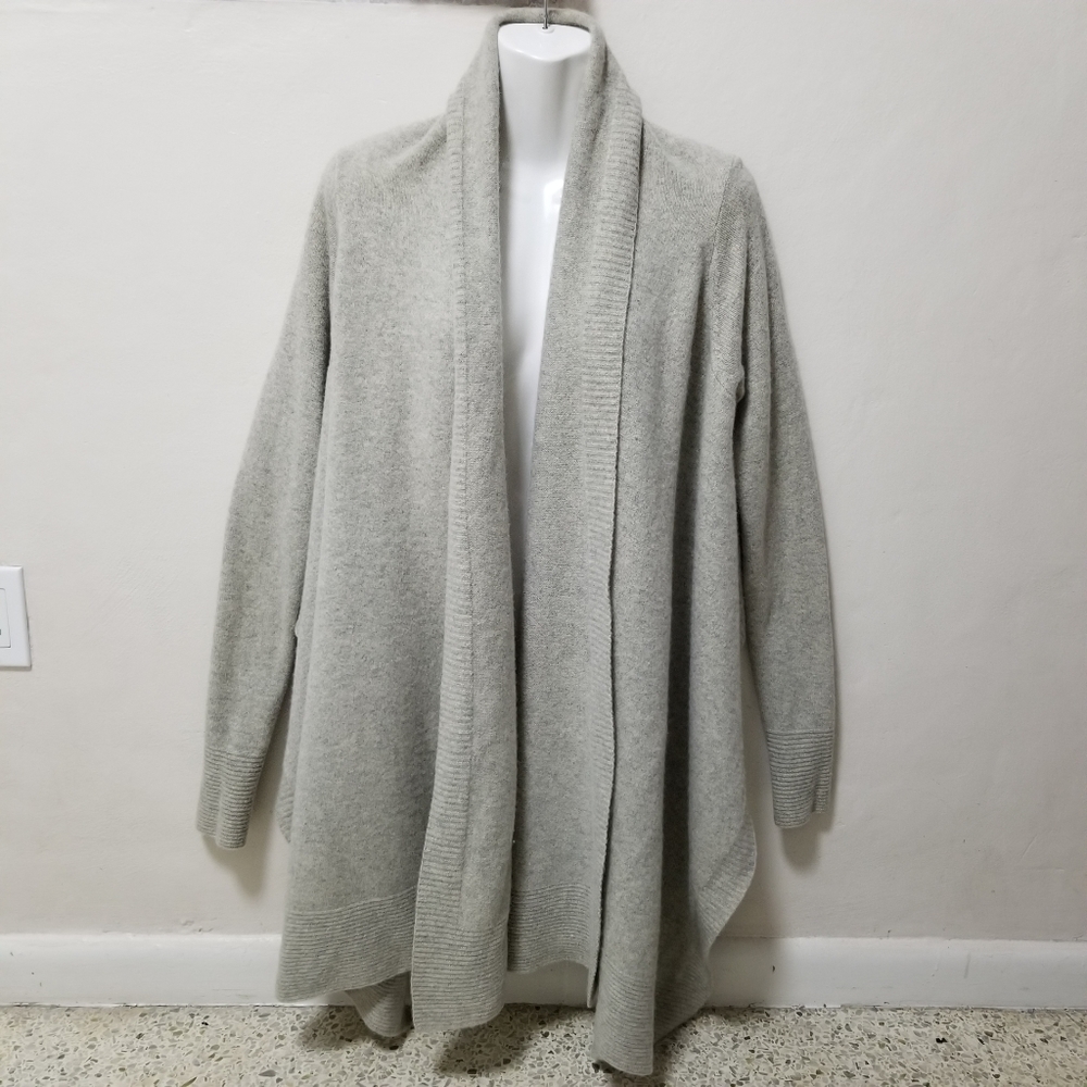 DKNY Pure Women Cardigan Gray Hi-low Open Front Sweater Lambs Wool Knit S